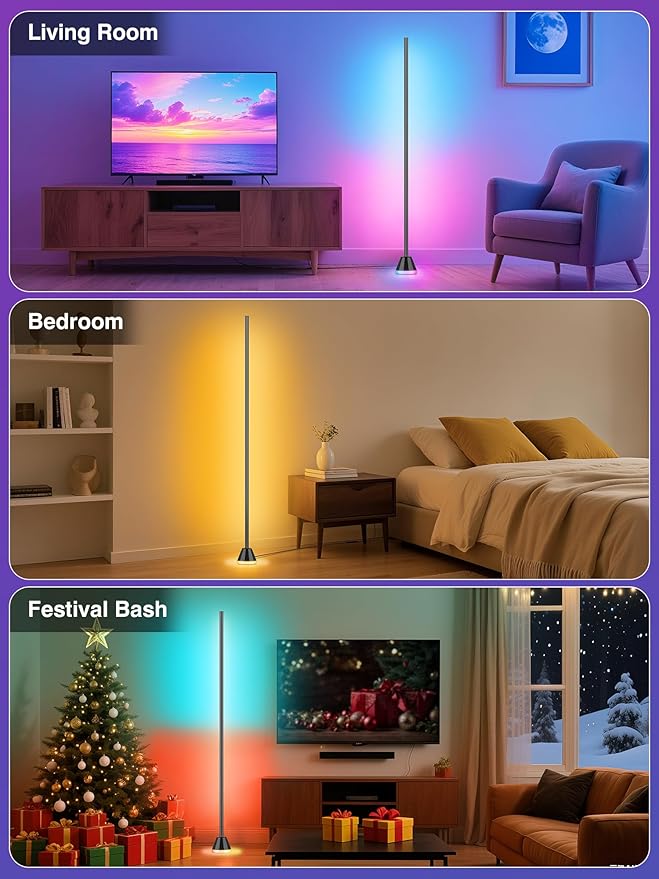 RIYO Corner Floor Lamp, LED Corner Lamp with AC Adapter & APP & Remote Control, Modern RGB Floor Lamp with 16 Million Colors, 68+ Scene Modes, Music Sync, Ambient Lighting for Living Room, Bedroom