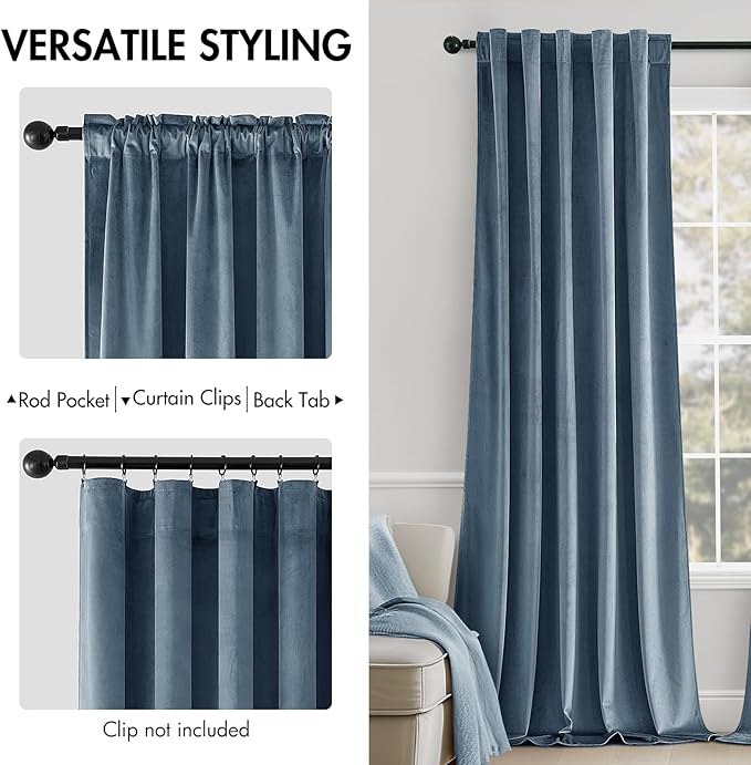 MIULEE Velvet Curtains 90 inches - Luxury Blackout Curtains for Bedroom Living Room Thermal Insulated Super Soft Window Drapes Rod Pocket & Back Tab, Stone Blue, W52 x L90 inches, 2 Panels