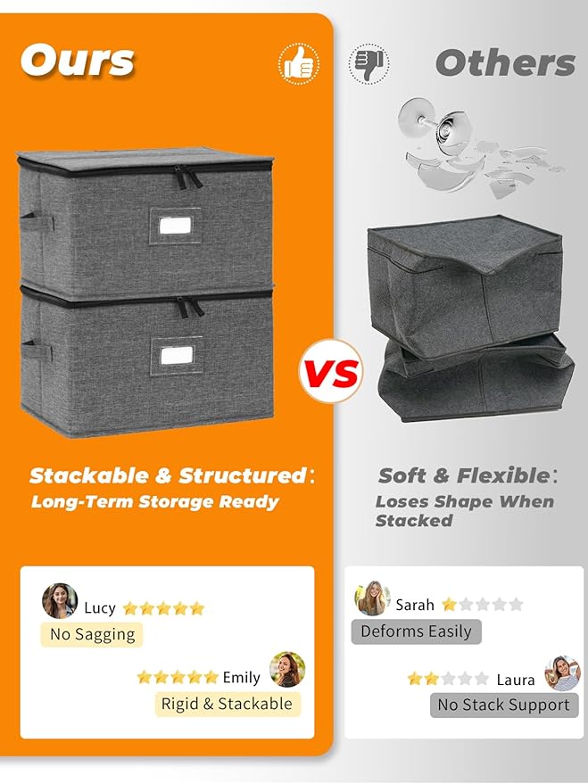 punemi Wine Glass Storage Box, Glassware Storage Containers w/Hard Shell Side Bottom Support & Padded Dividers, Stackable Stemware Storage Case for 24 China Crystal Glasses Drinkware, Moving Supplies