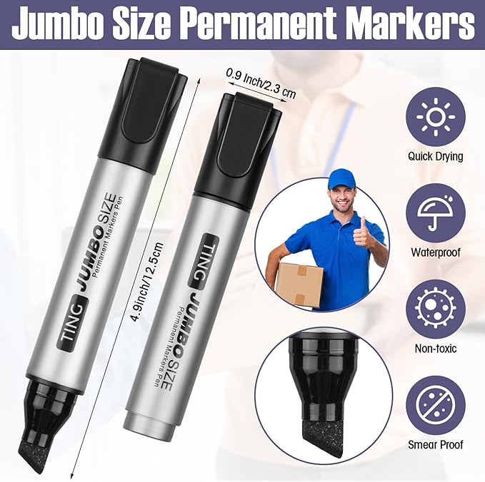 Cholemy 60 Pcs Jumbo Permanent Markers Bulk Large Permanent Chisel Tip Markers Waterproof Jumbo King Big Poster Large Paint Pens for Works on Wood Metal Stone