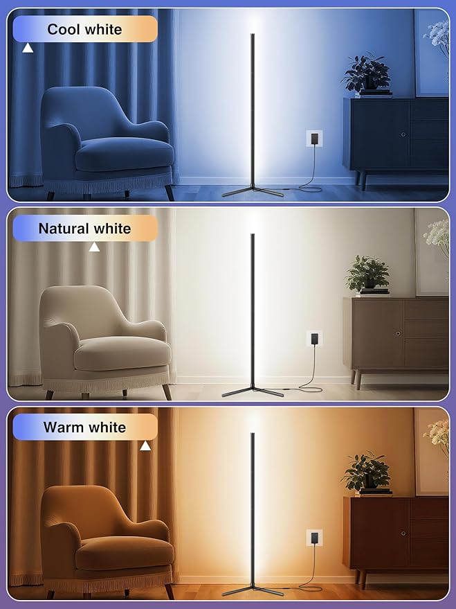 RIYO Corner Floor Lamp, Modern LED Corner Lamp with AC Adapter & APP & Remote Control, 16 Million Colors, 68+ Scene Modes, Music Sync, Ambient Lighting for Living Room, Bedroom, and Gaming Room