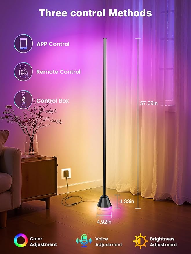 RIYO Corner Floor Lamp, LED Corner Lamp with AC Adapter & APP & Remote Control, Modern RGB Floor Lamp with 16 Million Colors, 68+ Scene Modes, Music Sync, Ambient Lighting for Living Room, Bedroom