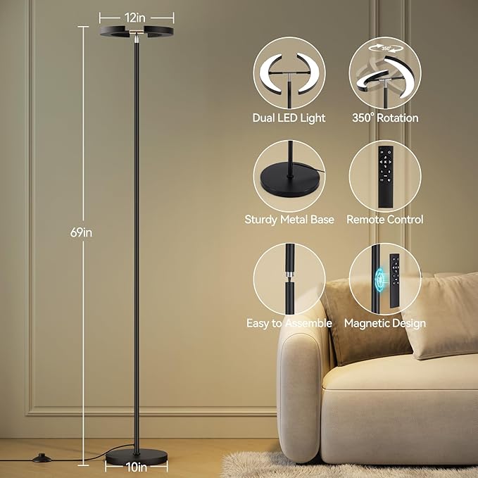 SUNMORY Floor Lamps for Living Room, 28W/1600LM Bright LED Floor Lamp with Remote & 2 Rotatable Lights, 74" Dimmable Tall Standing Lamp, Modern Reading Torchiere Corner Lamp for Bedroom Office, Black