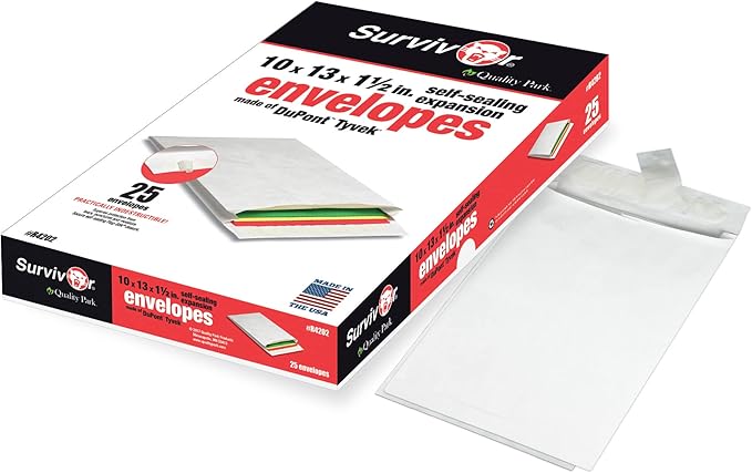 Quality Park Survivor Lightweight 14 lb Tyvek Open End 1.5" Expansion Mailers, 13 1/2, Square Flap, Redi-Strip Closure, 10 x 13, White, 25/Box