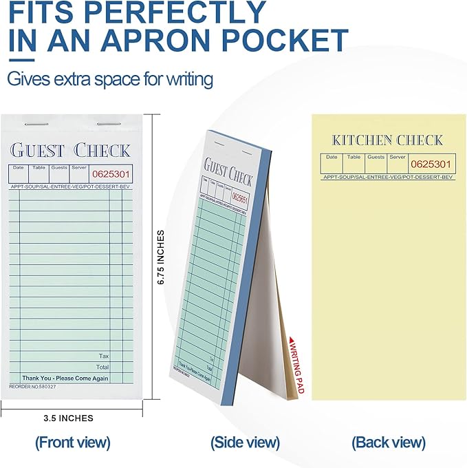 Methdic Guest Checks Server Note Pads 1000 Orders With Bottom Copy Paper Guest Receipt Waitress Notepad for Restaurants (20 Books)