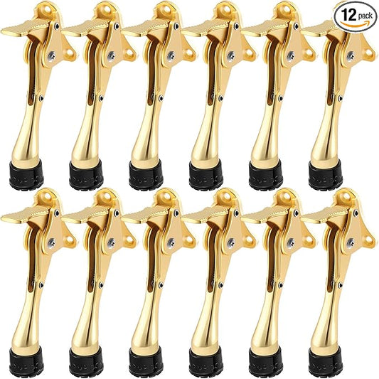 Chumia 12 Pieces Heavy Duty Door Stoppers 5.35 Inches Kickdown Adjustable Kick Down Door Stop for Bottom Easy Pedal with Rubber Tips Commercial (Gold)
