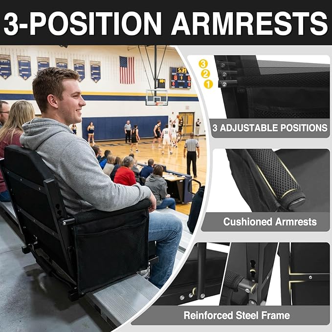 Extra Wide Stadium Seats for Bleachers with Back Support - Padded Foldable Lightweight Durable Stadium Chair for Sports Parents Watching Kids & Fans at Any Game - Relieves Back Pain on Hard Benches