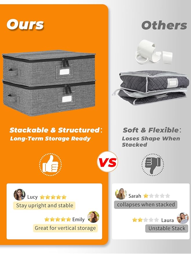 punemi Mug Storage Organizer w/Hard Shell Sides & Bottom, Padded Dividers, 2-Pack Stackable Coffee Mug Storage Boxes for Tea Cups, China Storage Containers for Packing & Moving