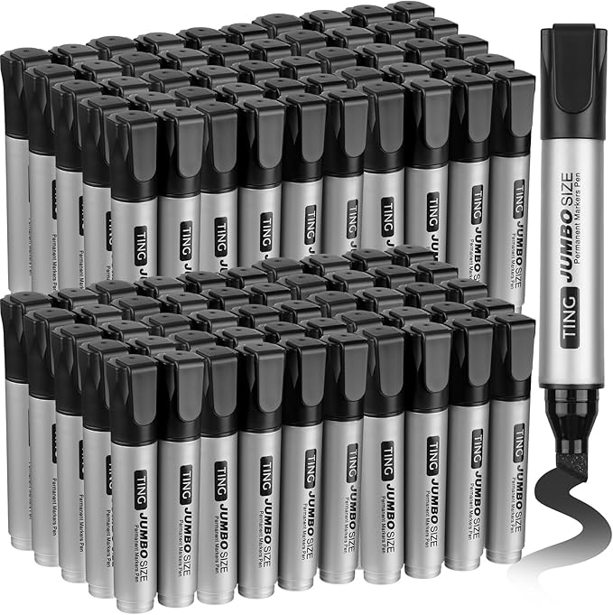 Cholemy 100 Pcs Jumbo Permanent Markers Bulk Large Permanent Chisel Tip Markers Waterproof Jumbo King Big Poster Large Paint Pens for Works on Wood Metal Stone