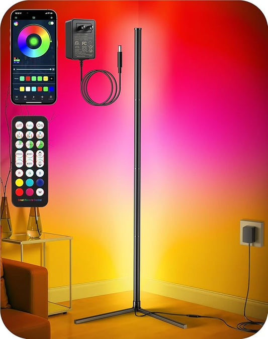 RIYO Corner Floor Lamp, Modern LED Corner Lamp with AC Adapter & APP & Remote Control, 16 Million Colors, 68+ Scene Modes, Music Sync, Ambient Lighting for Living Room, Bedroom, and Gaming Room