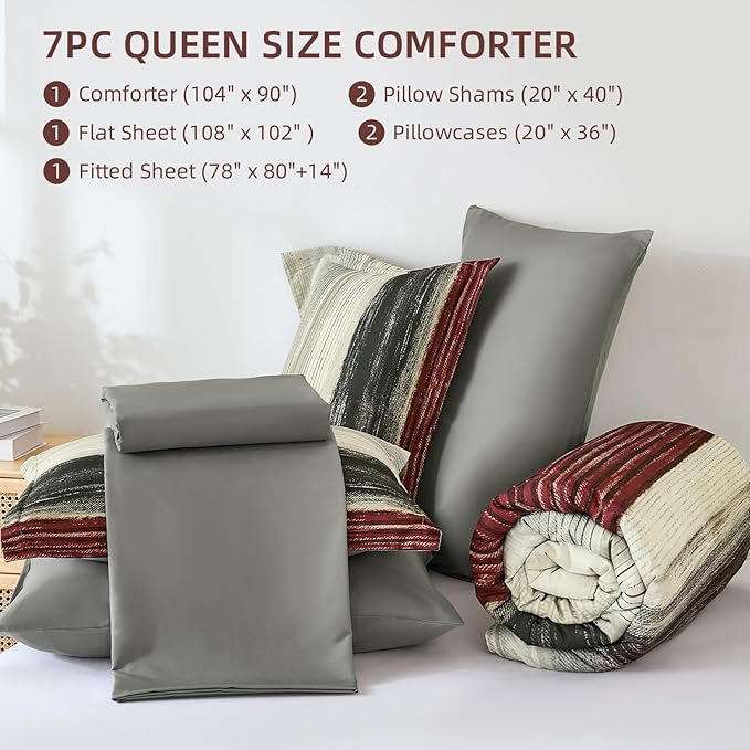 WONGS BEDDING Red Queen Size Comforter Set, 7 Pieces Striped Bed in a Bag Comforter and Sheet Set, Boho Lightweight Microfiber Queen Bedding Set for All Season (90" x 90")