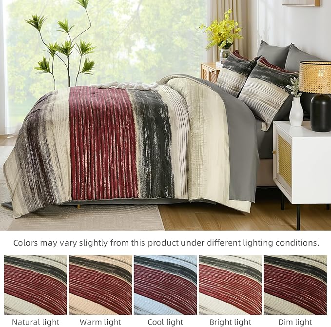WONGS BEDDING Red Queen Size Comforter Set, 7 Pieces Striped Bed in a Bag Comforter and Sheet Set, Boho Lightweight Microfiber Queen Bedding Set for All Season (90" x 90")