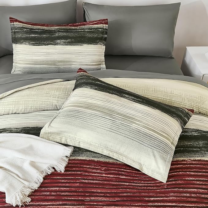 WONGS BEDDING Red Queen Size Comforter Set, 7 Pieces Striped Bed in a Bag Comforter and Sheet Set, Boho Lightweight Microfiber Queen Bedding Set for All Season (90" x 90")
