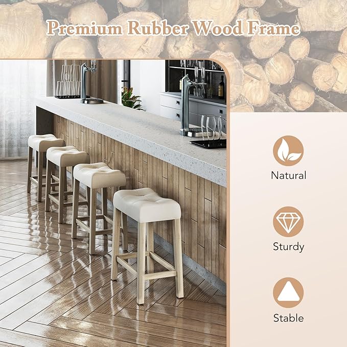 COSTWAY Wooden Saddle Stools Set of 2, 24-inch Counter Height Upholstered Backless Bar Stools with Solid Rubber Wood Legs, Padded Seat, Farmhouse Dining Chairs for Kitchen Island, Cafe, Beige