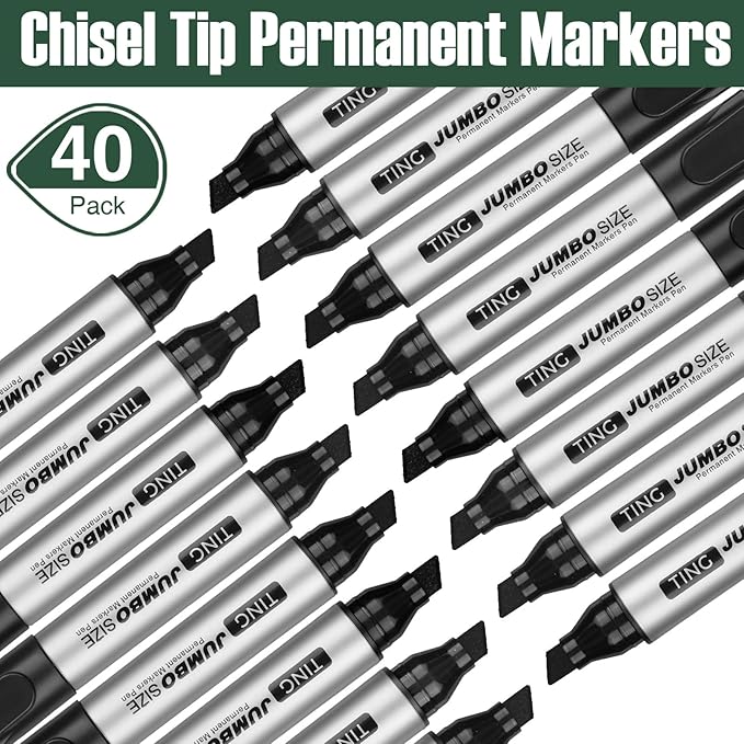 Cholemy 40 Pcs Jumbo Permanent Markers Bulk Large Chisel Tip Permanent Markers Quick Drying Pens for Office Supplies(Black)