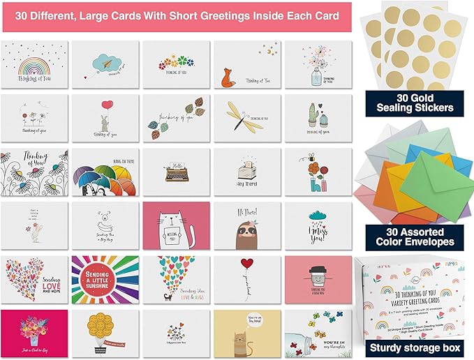 Dessie 30 Unique Thinking Of You Cards With Greetings Inside. Large Greeting Cards Boxed Set. 30 Different Designs - No Repetition. Assorted Color Envelopes, Gold Seals, Storage Box.