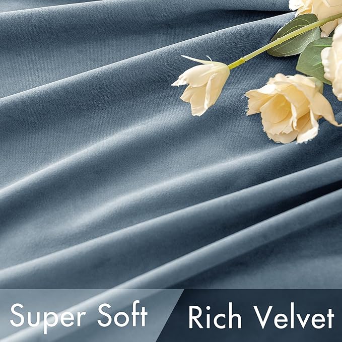 MIULEE Velvet Curtains 90 inches - Luxury Blackout Curtains for Bedroom Living Room Thermal Insulated Super Soft Window Drapes Rod Pocket & Back Tab, Stone Blue, W52 x L90 inches, 2 Panels