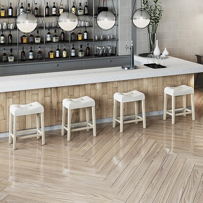 COSTWAY Wooden Saddle Stools Set of 2, 24-inch Counter Height Upholstered Backless Bar Stools with Solid Rubber Wood Legs, Padded Seat, Farmhouse Dining Chairs for Kitchen Island, Cafe, Beige