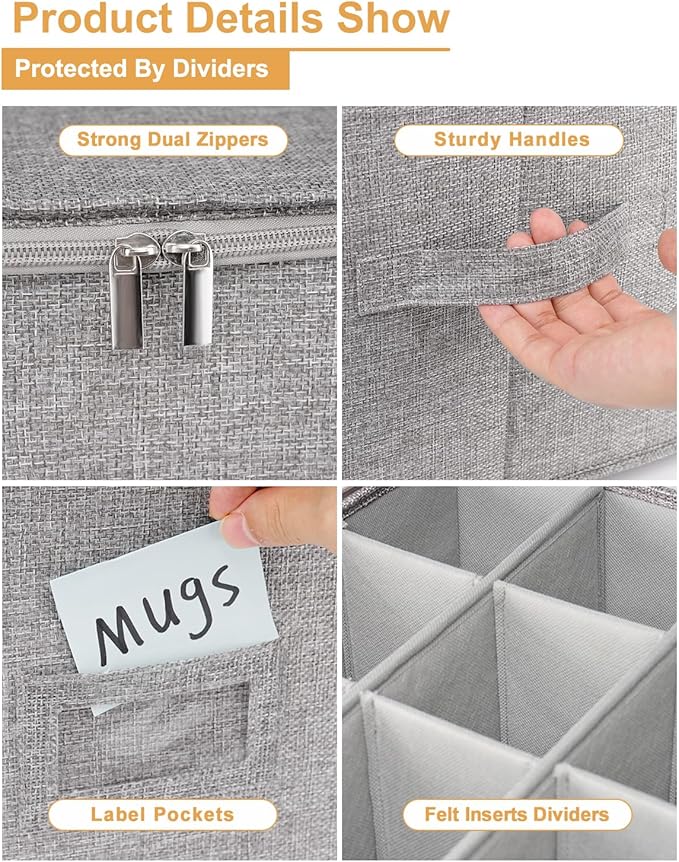 punemi Mug Storage Organizer w/Hard Shell Sides & Bottom, Padded Dividers, 2-Pack Stackable Coffee Mug Storage Boxes for Tea Cups, China Storage Containers for Packing & Moving