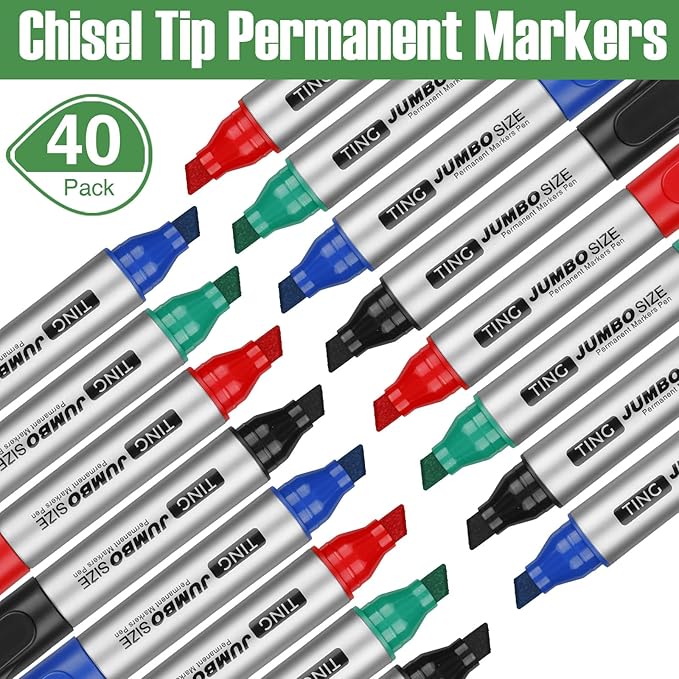 Cholemy 40 Pcs Jumbo Permanent Markers Bulk Large Chisel Tip Permanent Markers Quick Drying Pens for Office Supplies(Multicolor)