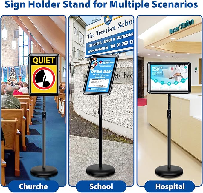 2-Pack 8.5x11 Inch Adjustable Sign Stand & Floor Standing Sign Holder - Pedestal Poster Stand with Vertical & Horizontal View Display for Indoor/Outdoor Business & Store Signage (Black)