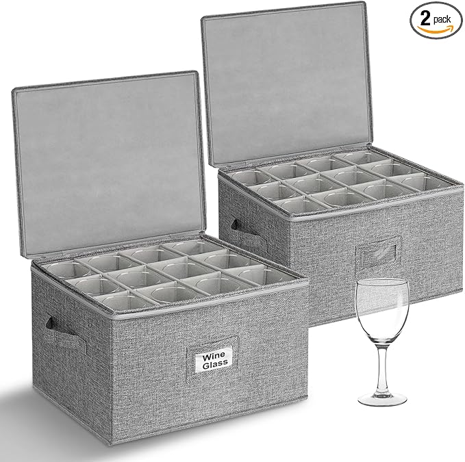 punemi Wine Glass Storage Box, Glassware Storage Containers w/Hard Shell Side Bottom Support & Padded Dividers, Stackable Stemware Storage Case for 24 China Crystal Glasses Drinkware, Moving Supplies