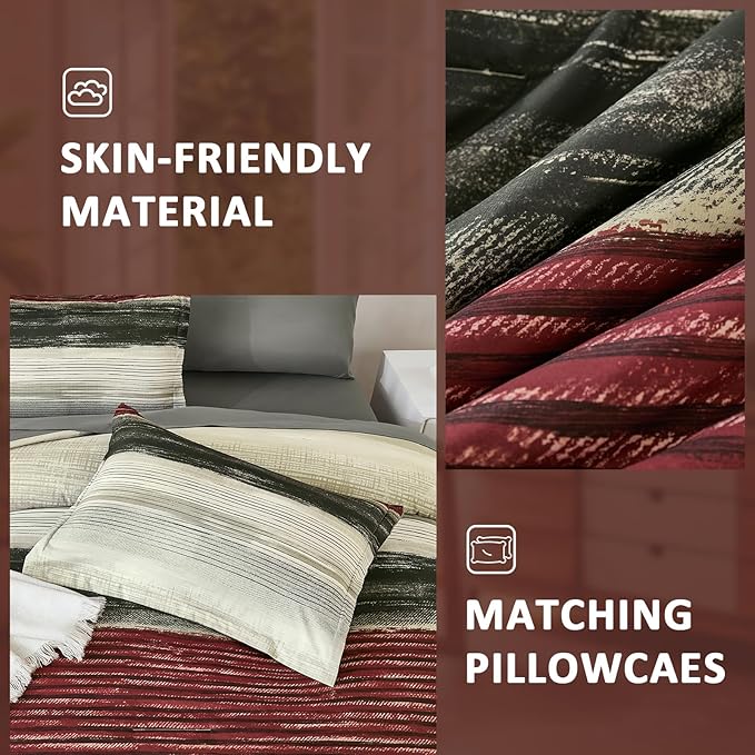WONGS BEDDING Red Queen Size Comforter Set, 7 Pieces Striped Bed in a Bag Comforter and Sheet Set, Boho Lightweight Microfiber Queen Bedding Set for All Season (90" x 90")