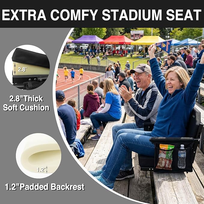 Extra Wide Stadium Seats for Bleachers with Back Support - Padded Foldable Lightweight Durable Stadium Chair for Sports Parents Watching Kids & Fans at Any Game - Relieves Back Pain on Hard Benches