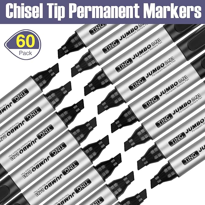 Cholemy 60 Pcs Jumbo Permanent Markers Bulk Large Permanent Chisel Tip Markers Waterproof Jumbo King Big Poster Large Paint Pens for Works on Wood Metal Stone