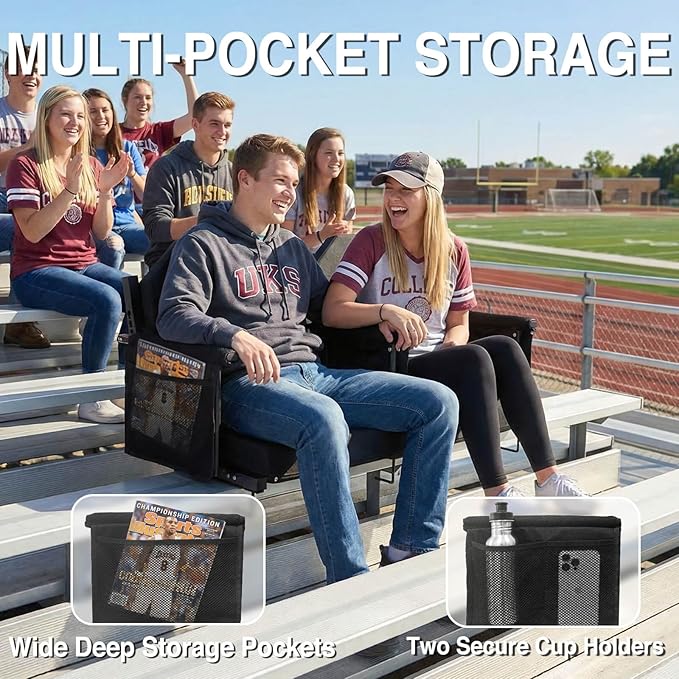 Extra Wide Stadium Seats for Bleachers with Back Support - Padded Foldable Lightweight Durable Stadium Chair for Sports Parents Watching Kids & Fans at Any Game - Relieves Back Pain on Hard Benches