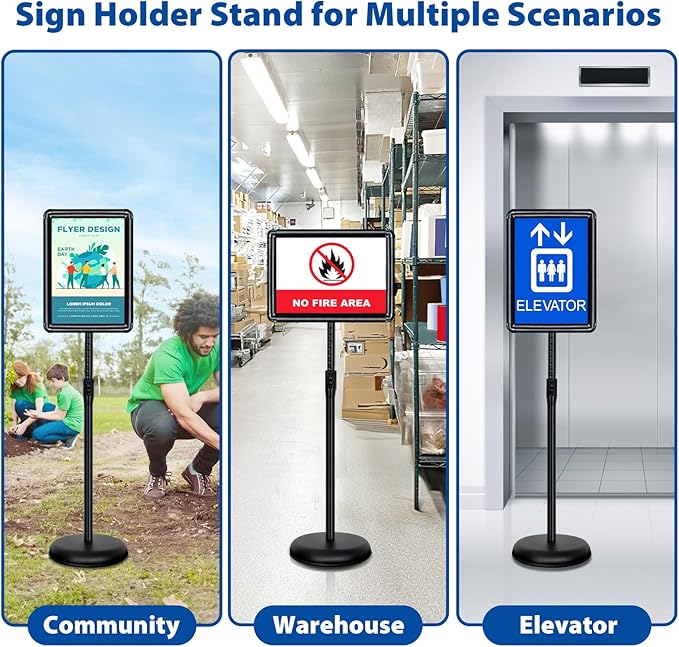 2-Pack 8.5x11 Inch Adjustable Sign Stand & Floor Standing Sign Holder - Pedestal Poster Stand with Vertical & Horizontal View Display for Indoor/Outdoor Business & Store Signage (Black)