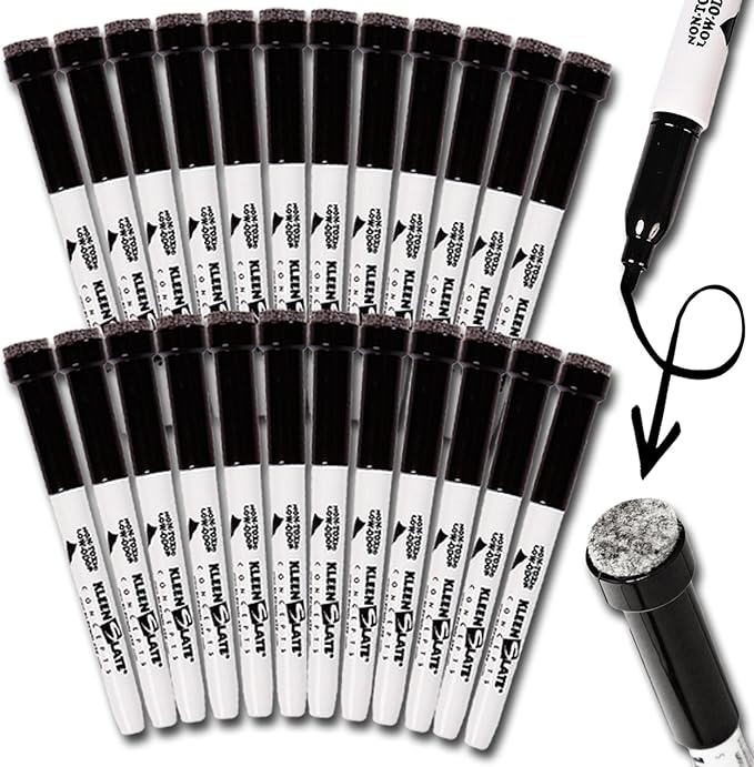 (24) KleenSlate Black Low Odor Dry Eraser Markers with Eraser, Bullet point