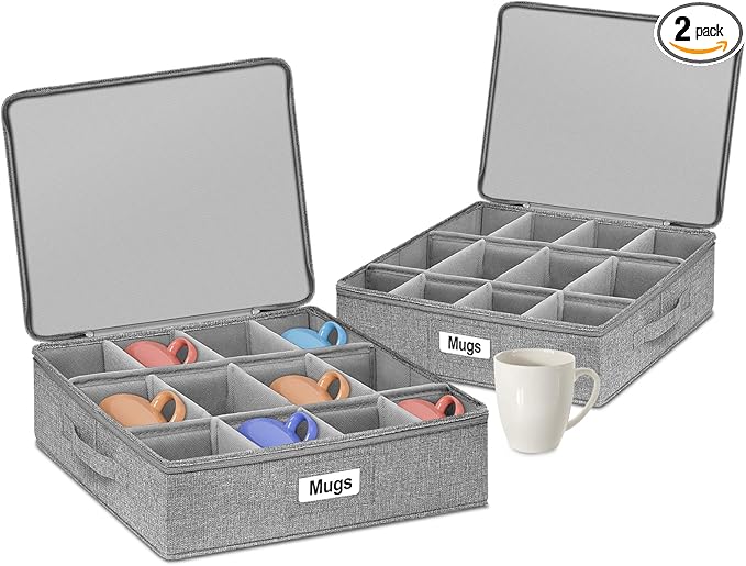 punemi Mug Storage Organizer w/Hard Shell Sides & Bottom, Padded Dividers, 2-Pack Stackable Coffee Mug Storage Boxes for Tea Cups, China Storage Containers for Packing & Moving