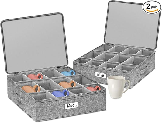 punemi Mug Storage Organizer w/Hard Shell Sides & Bottom, Padded Dividers, 2-Pack Stackable Coffee Mug Storage Boxes for Tea Cups, China Storage Containers for Packing & Moving