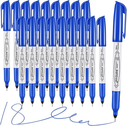 Blue Ultra Fine Point Permanent Markers, 18 Pack, 0.4 mm, Precision Extra Fine Tip for Detailed Writing, Art, Crafts & Labeling on Paper, Plastic, Glass, Metal, Waterproof, Fade-Resistant Ink