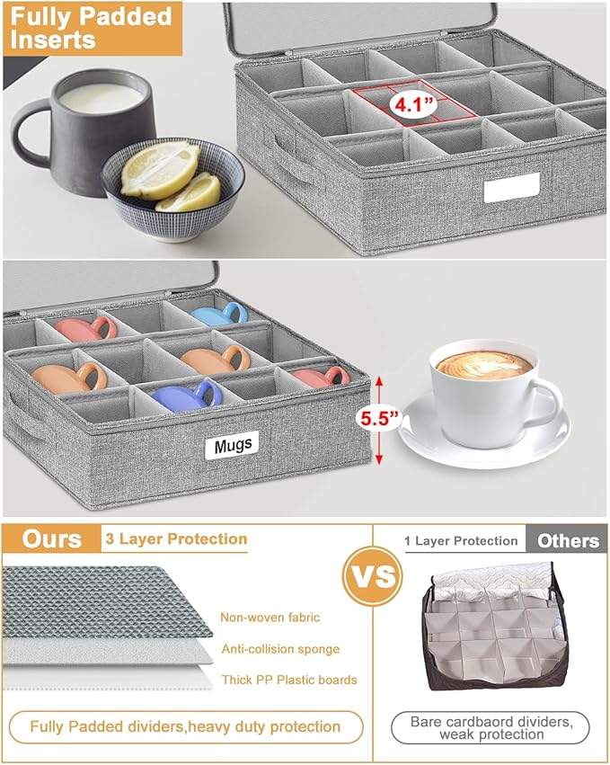 punemi Mug Storage Organizer w/Hard Shell Sides & Bottom, Padded Dividers, 2-Pack Stackable Coffee Mug Storage Boxes for Tea Cups, China Storage Containers for Packing & Moving
