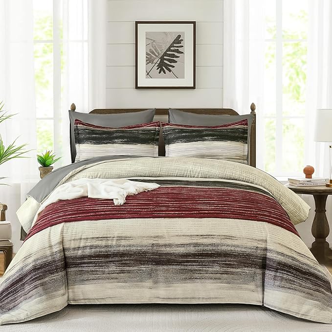 WONGS BEDDING Red Queen Size Comforter Set, 7 Pieces Striped Bed in a Bag Comforter and Sheet Set, Boho Lightweight Microfiber Queen Bedding Set for All Season (90" x 90")