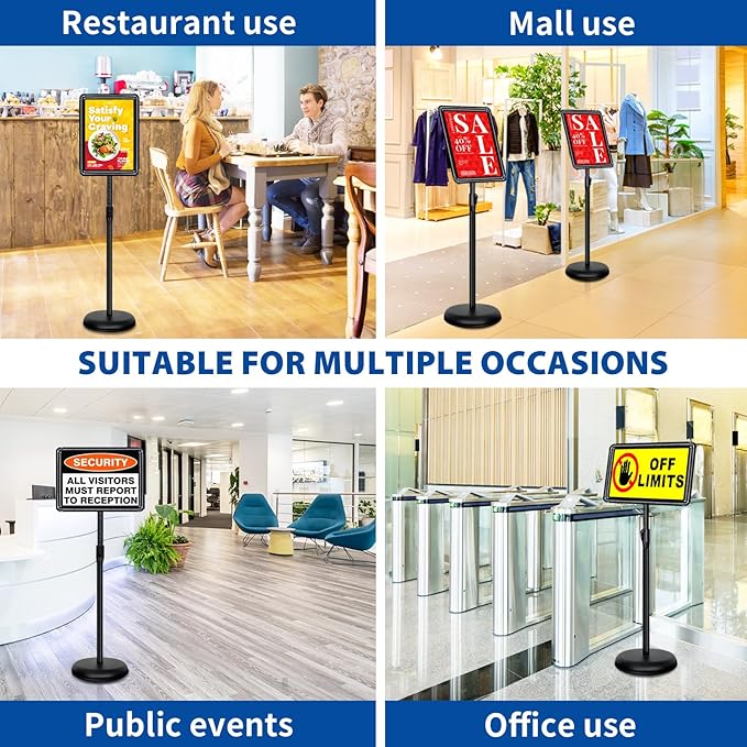 2-Pack 8.5x11 Inch Adjustable Sign Stand & Floor Standing Sign Holder - Pedestal Poster Stand with Vertical & Horizontal View Display for Indoor/Outdoor Business & Store Signage (Black)