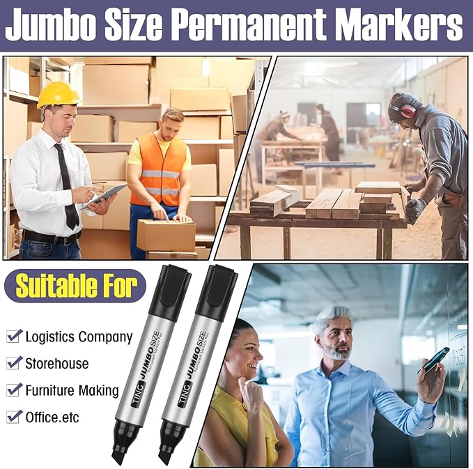 Cholemy 60 Pcs Jumbo Permanent Markers Bulk Large Permanent Chisel Tip Markers Waterproof Jumbo King Big Poster Large Paint Pens for Works on Wood Metal Stone