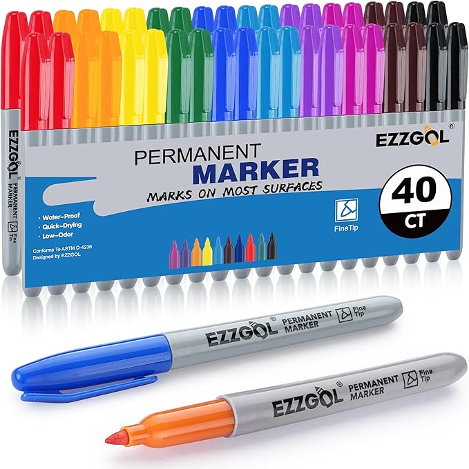 Permanent Markers Bulk, 40 Pack, 10 Assorted Colors,Multicolor Fine Tip Marker,Waterproof, Quick Drying on Paper,Metal,Wood,Plastic for School,Office,Home