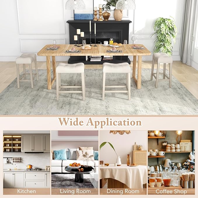 COSTWAY Wooden Saddle Stools Set of 2, 24-inch Counter Height Upholstered Backless Bar Stools with Solid Rubber Wood Legs, Padded Seat, Farmhouse Dining Chairs for Kitchen Island, Cafe, Beige