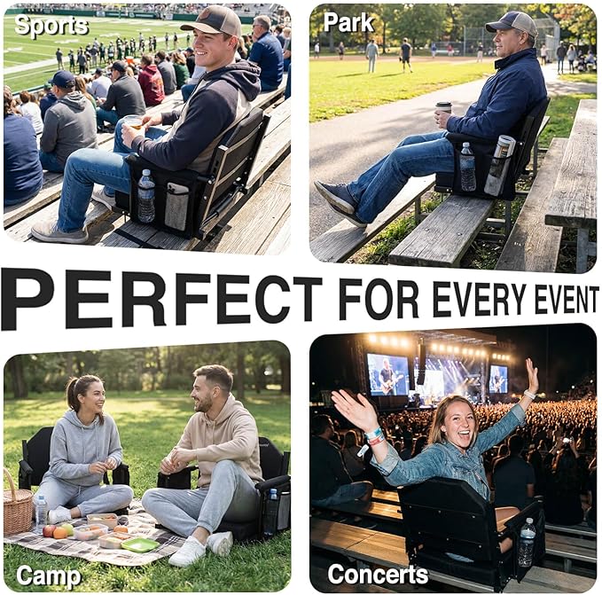 Extra Wide Stadium Seats for Bleachers with Back Support - Padded Foldable Lightweight Durable Stadium Chair for Sports Parents Watching Kids & Fans at Any Game - Relieves Back Pain on Hard Benches
