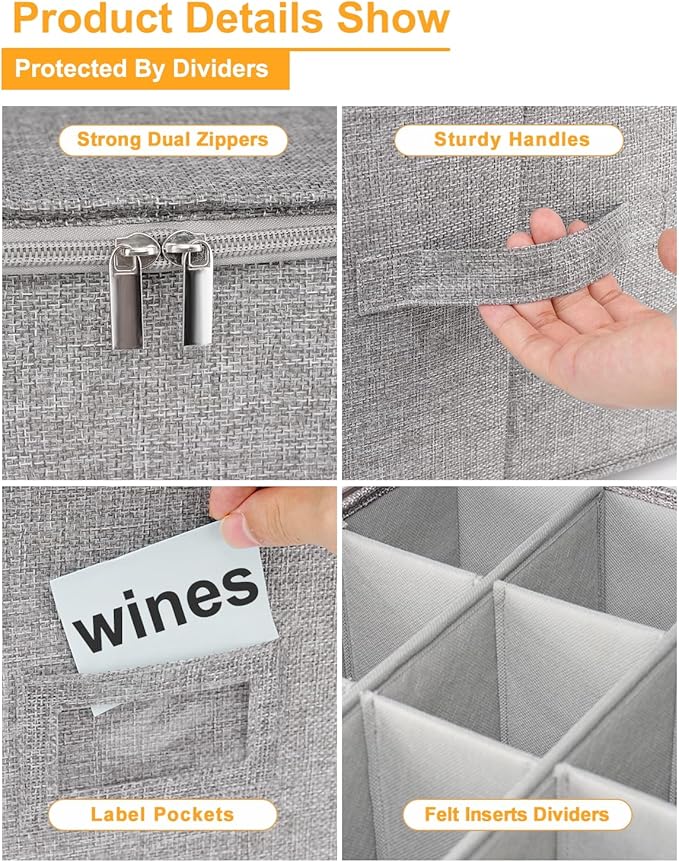 punemi Wine Glass Storage Box, Glassware Storage Containers w/Hard Shell Side Bottom Support & Padded Dividers, Stackable Stemware Storage Case for 24 China Crystal Glasses Drinkware, Moving Supplies