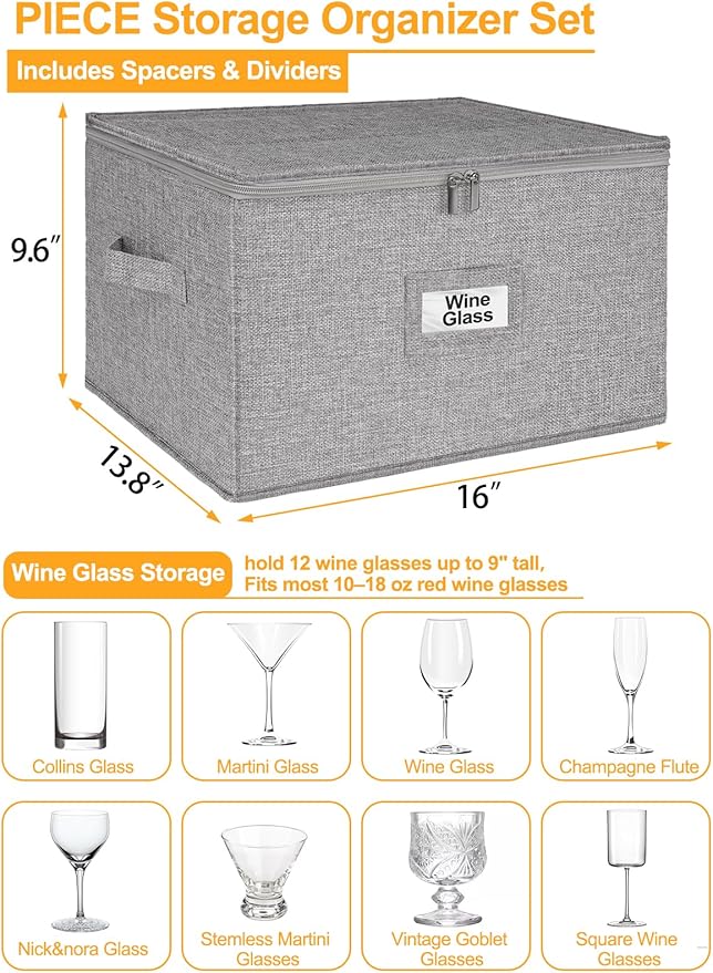 punemi Wine Glass Storage Box, Glassware Storage Containers w/Hard Shell Side Bottom Support & Padded Dividers, Stackable Stemware Storage Case for 24 China Crystal Glasses Drinkware, Moving Supplies