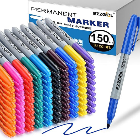 Permanent Markers Bulk, 150 Pack, 10 Assorted Colors,Multicolor Fine Tip Marker,Waterproof, Quick Drying on Paper,Metal,Wood,Plastic for School,Office,Home