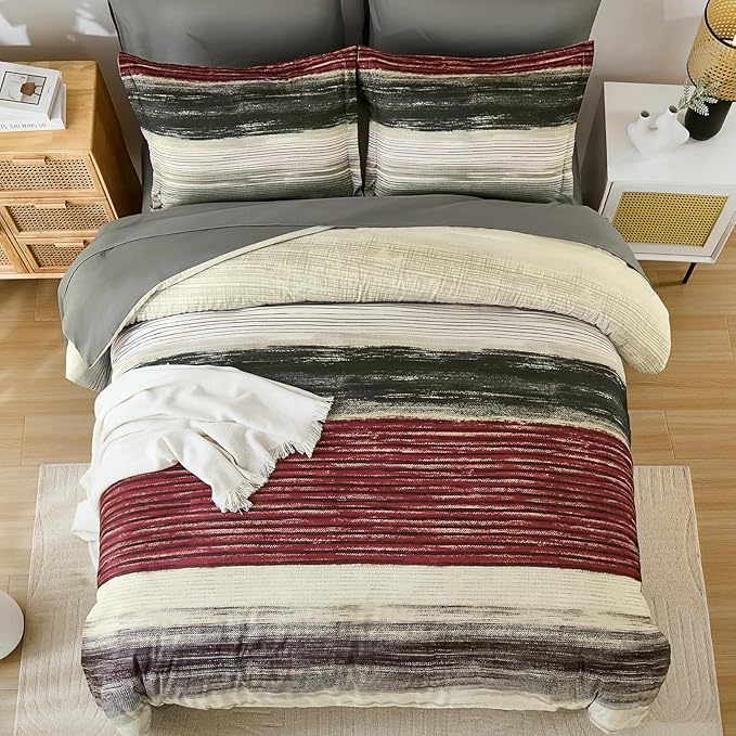 WONGS BEDDING Red Queen Size Comforter Set, 7 Pieces Striped Bed in a Bag Comforter and Sheet Set, Boho Lightweight Microfiber Queen Bedding Set for All Season (90" x 90")